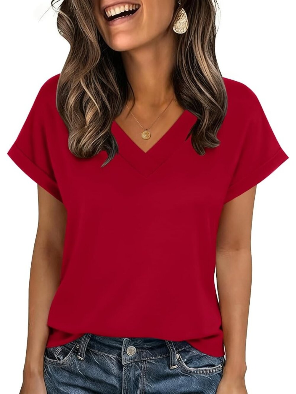 Women's Red Short Sleeve V Neck Basic Tees Shirts Casual Tops Blouses